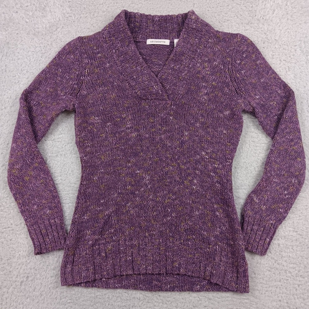 Liz Claiborne Sweater Shawl Collar Woman M Purple Marl Knit Pullover 758789